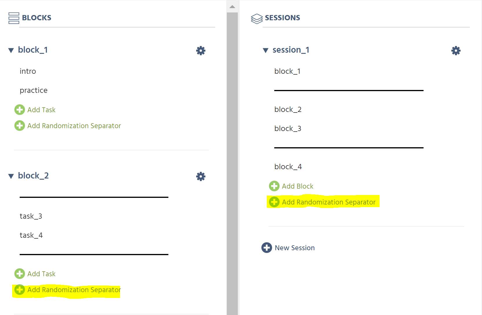 Adding Randomization Separators in the Study Design Tab for Blocks and Sessions