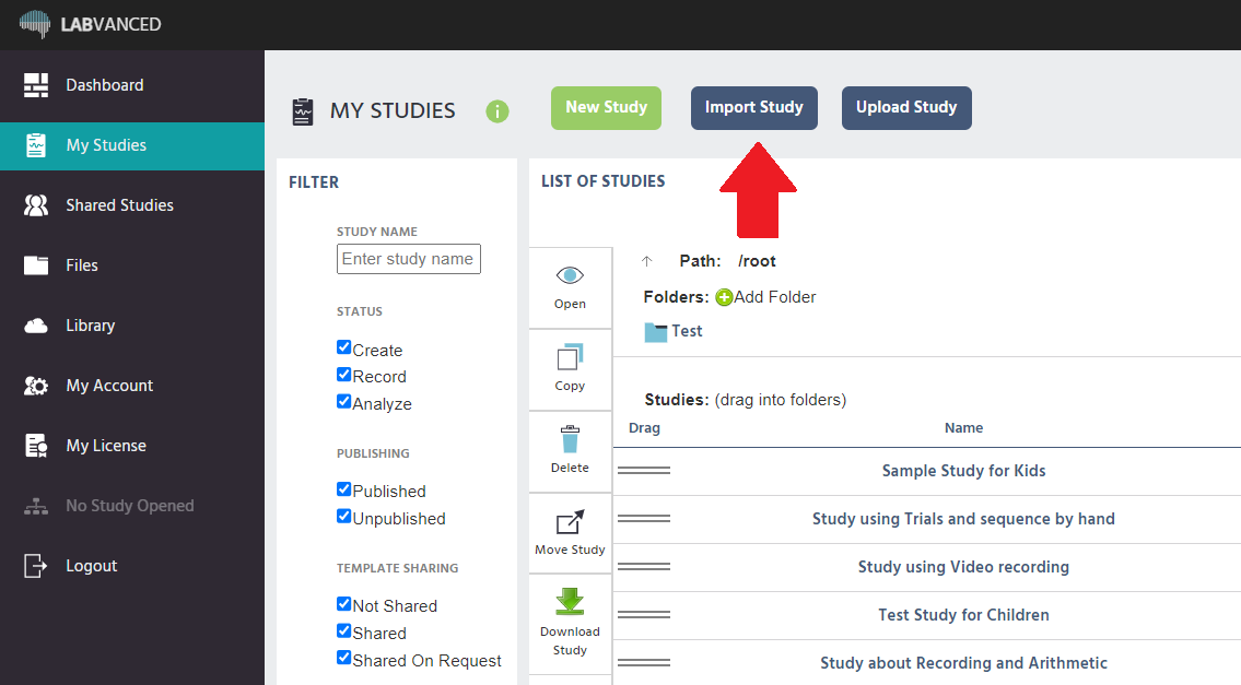 The 'Import Study' button in the Labvanced online psychology experiment builder platform