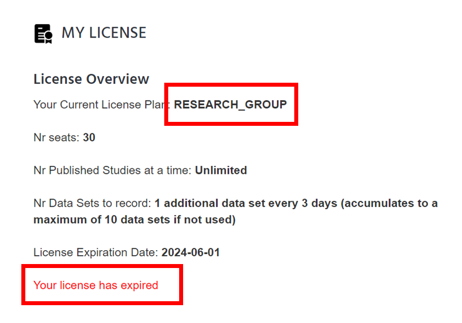 Section of the 'My License' tab in Labvanced with the license specification and expiration date