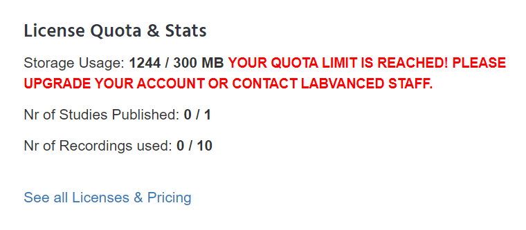 Section of the 'My License' tab in Labvanced that reports the current License Quota and Stats with regards to the user's online experiments
