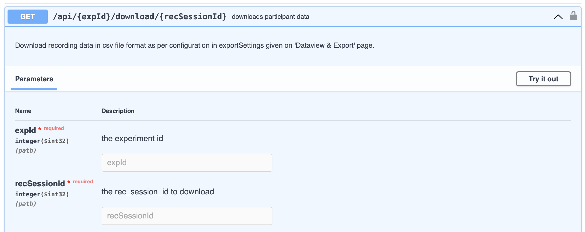 Dialog for specifying the experiment id and session numbers for fetching data via the REST API