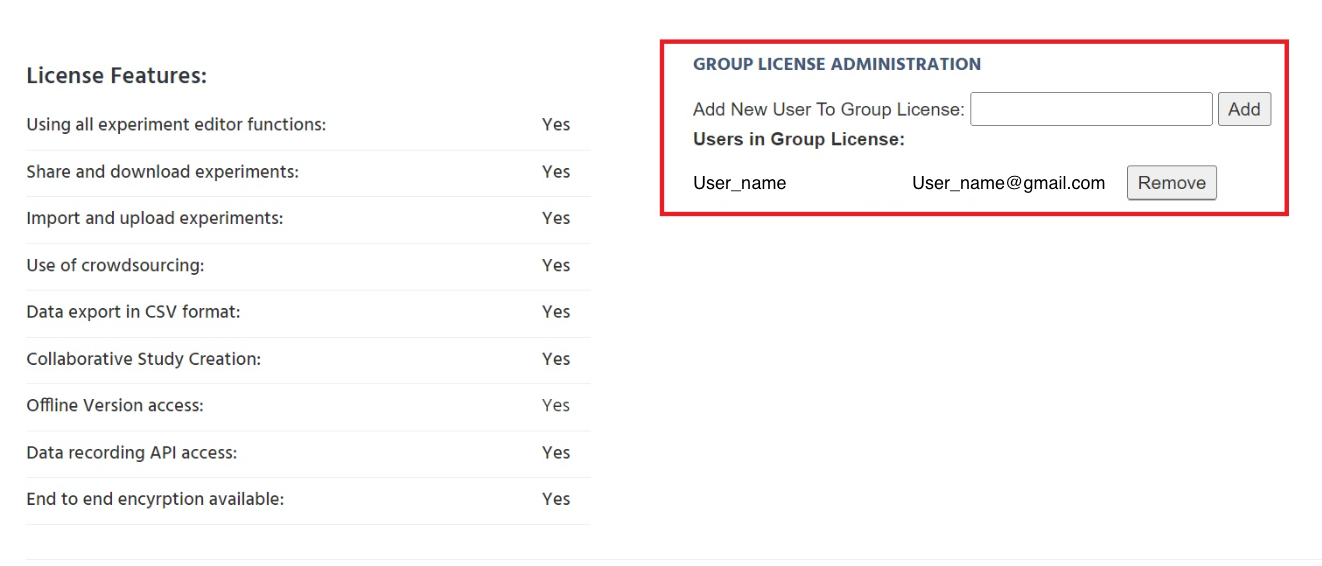 Section of the 'My License' tab in Labvanced shows the active License features and how to add more members in the case of a group license