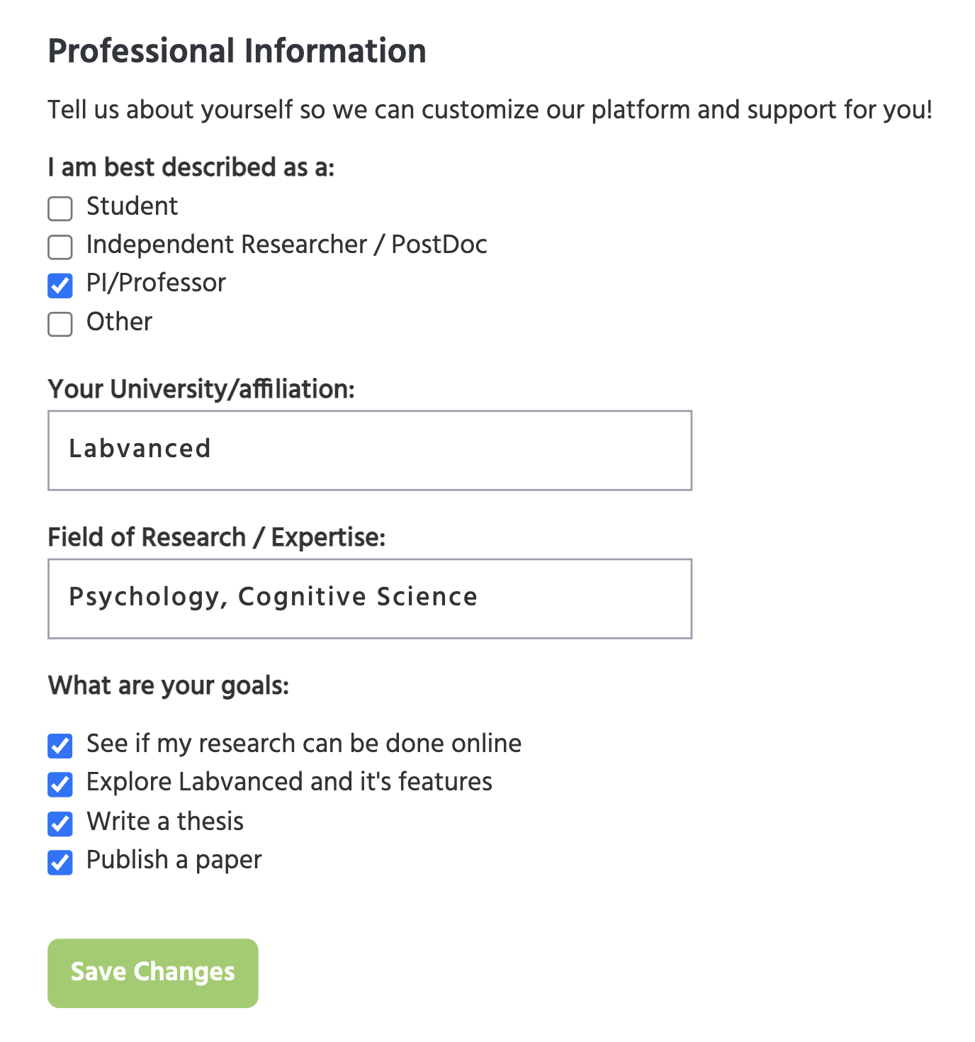 Section for specifying personal information like your university affiliation and research goals