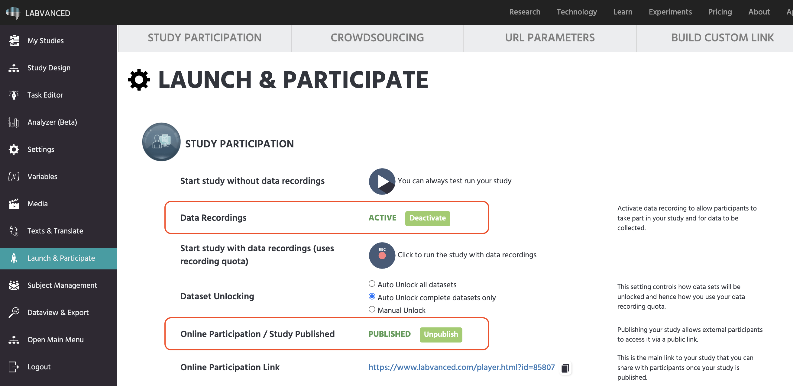 Launch & Participate tab showing the Data Recordings Activate button and the Online Participation / Study Published section with the Publish button