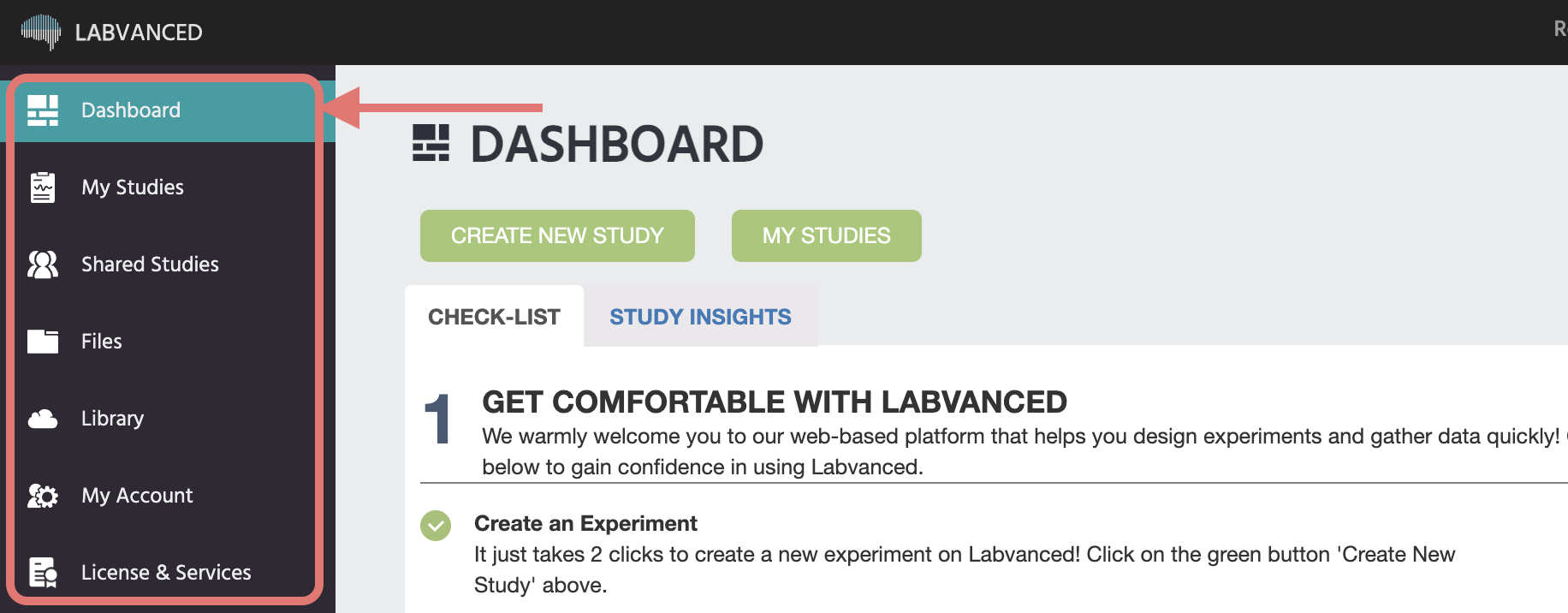 The main view of the Labvanced app upon logging in with the Main App Tabs located on the left in the black side bar.