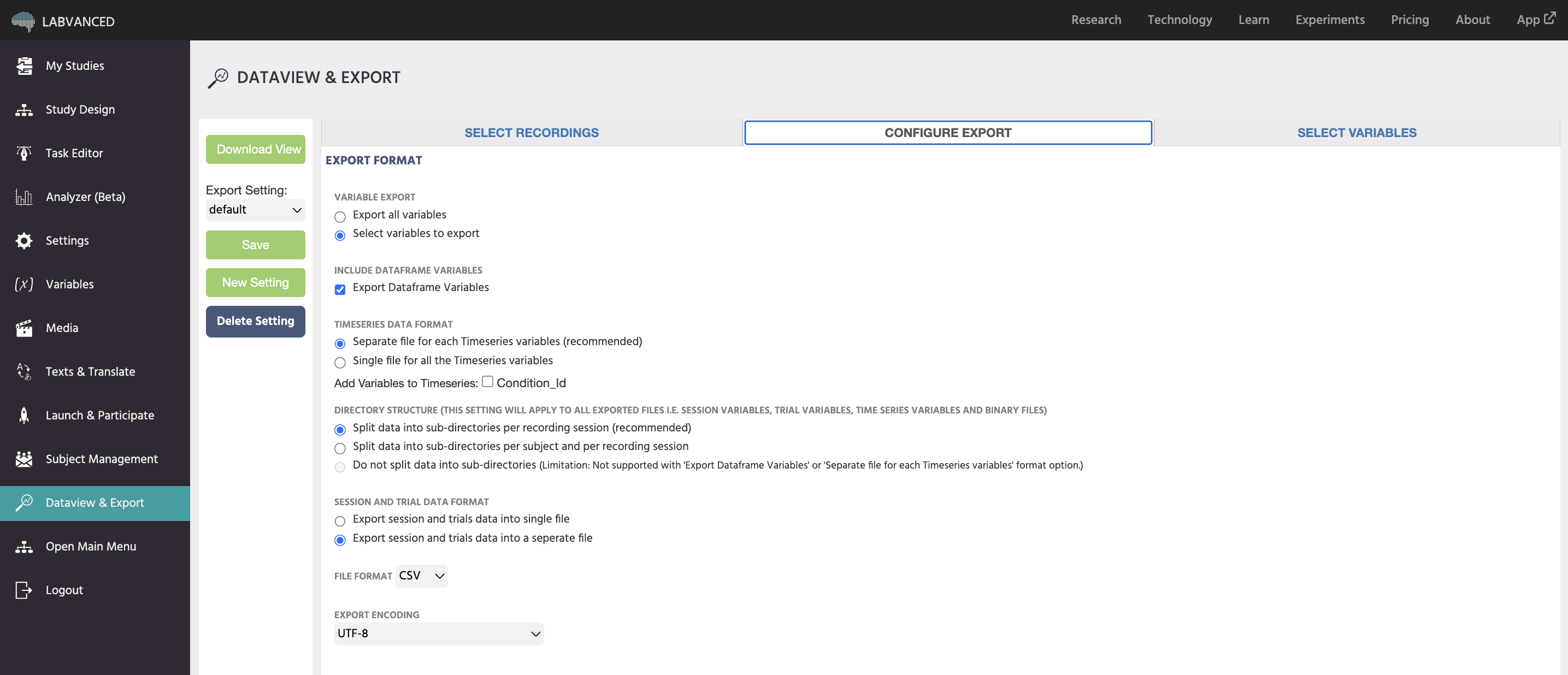 Panneau Configurer l'Exportation dans la section Dataview et Export de Labvanced, montrant les variables d'exportation, la structure du répertoire et les paramètres de format de fichier