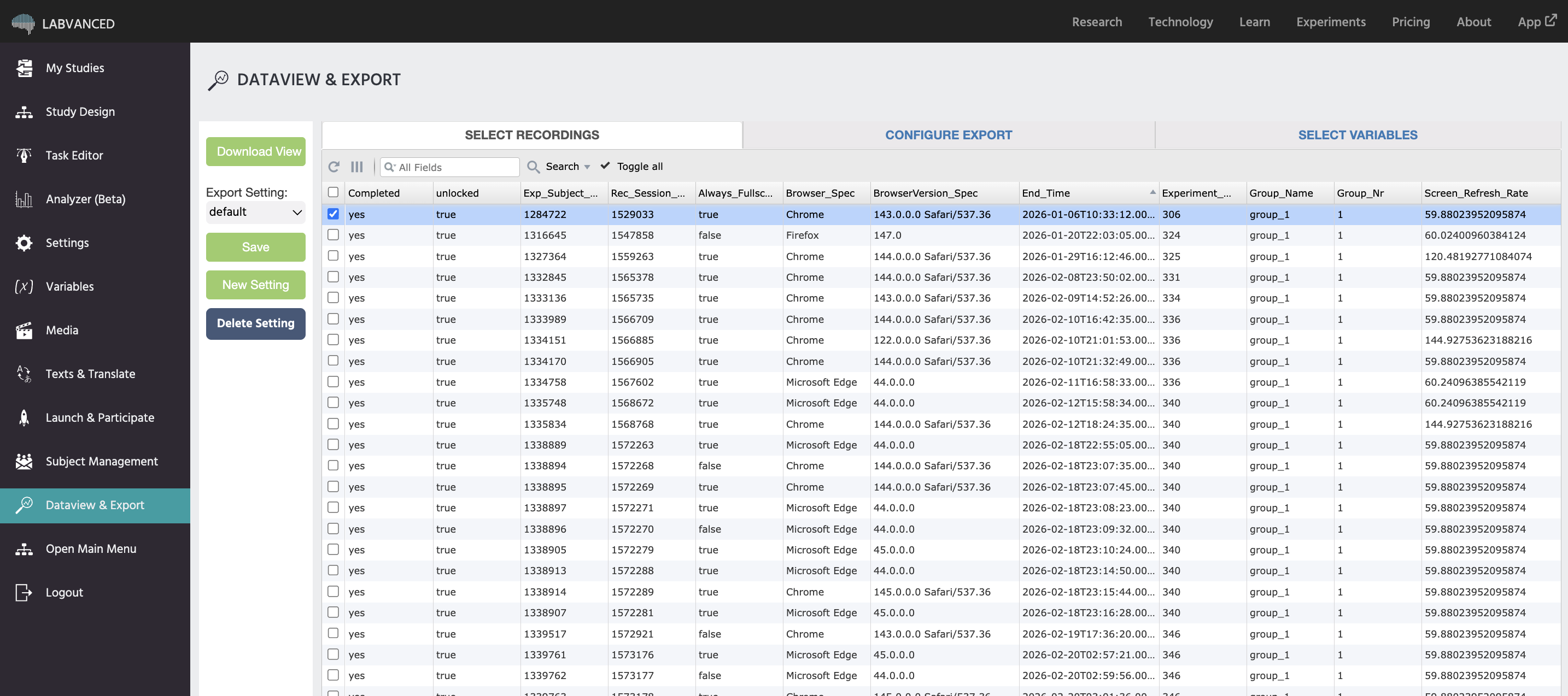 Panneau Sélectionner les Enregistrements dans la section Dataview et Export de Labvanced, montrant la grille des enregistrements et les contrôles des paramètres d'exportation