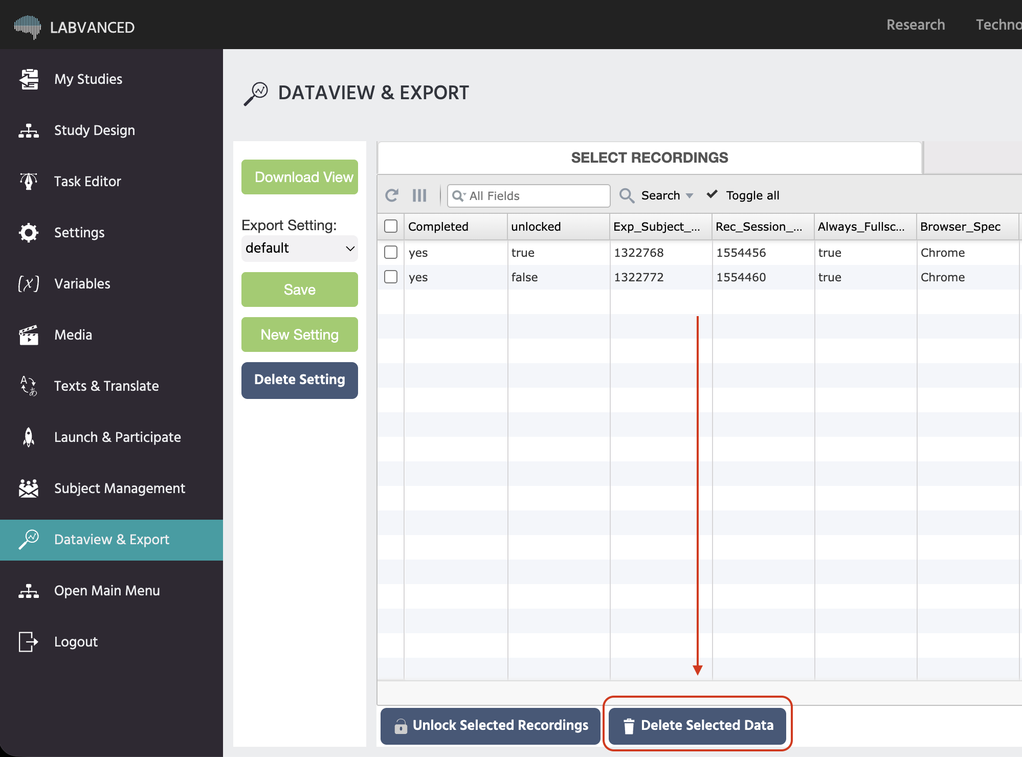 Bouton Supprimer les Données Sélectionnées en dessous de la grille des enregistrements dans la section Dataview et Export de Labvanced