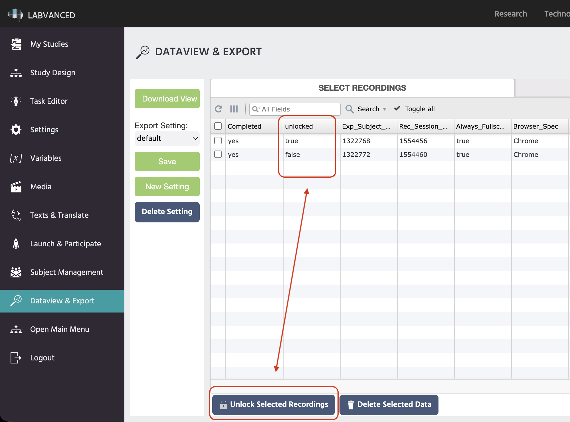 Bouton Déverrouiller les Enregistrements Sélectionnés en dessous de la grille des enregistrements dans la section Dataview et Export de Labvanced, à côté de la colonne déverrouillée