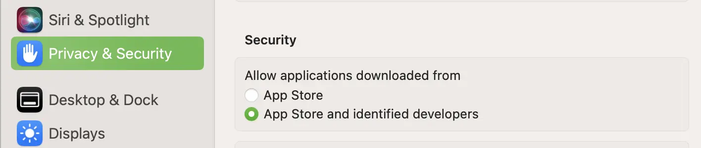 La vue par défaut des paramètres de confidentialité et de sécurité de MacOS n'autorise pas les applications téléchargées à partir de 'n'importe où'.