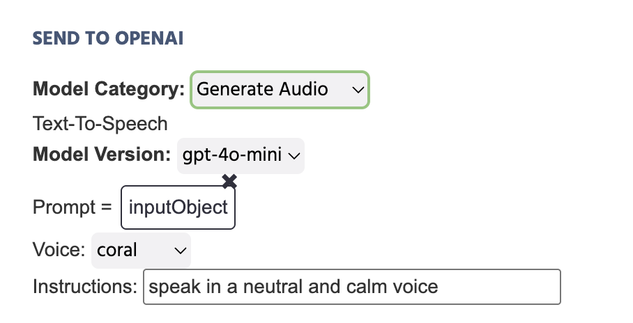 Ejemplo de la acción Enviar a OpenAI siendo utilizada en el contexto de generación de audio.