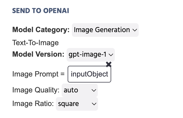Ejemplo de la acción Enviar a OpenAI siendo utilizada en el contexto de generación de imágenes.