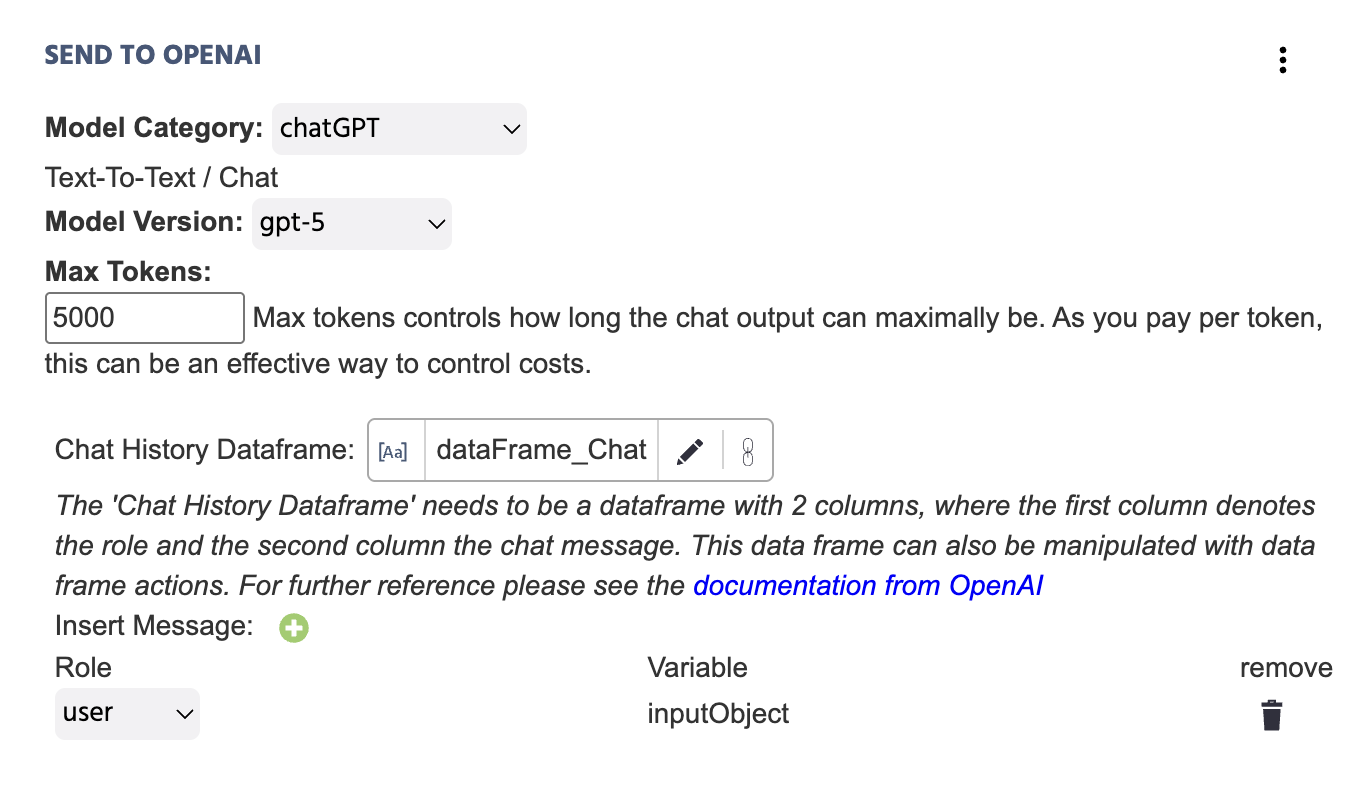 Ejemplo de la acción Enviar a OpenAI siendo utilizada para generar texto