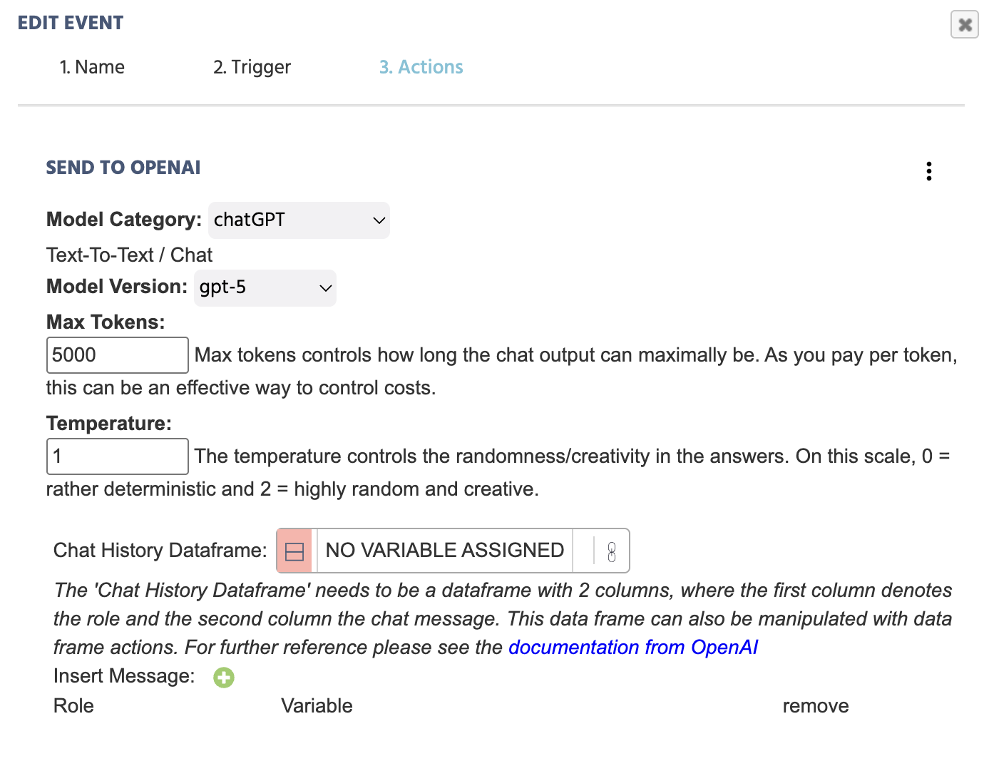 Opciones para la acción Enviar a OpenAI.
