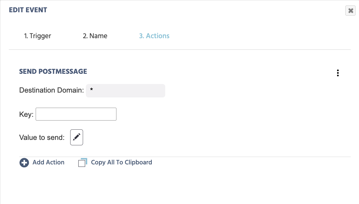 La boîte de dialogue de configuration de l'action Envoyer PostMessage dans Labvanced, montrant les champs Domaine de Destination, Clé et Valeur à envoyer.