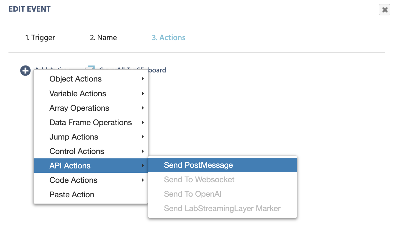 Sélection de l'action Envoyer PostMessage dans la catégorie Actions API dans l'éditeur d'événements Labvanced.