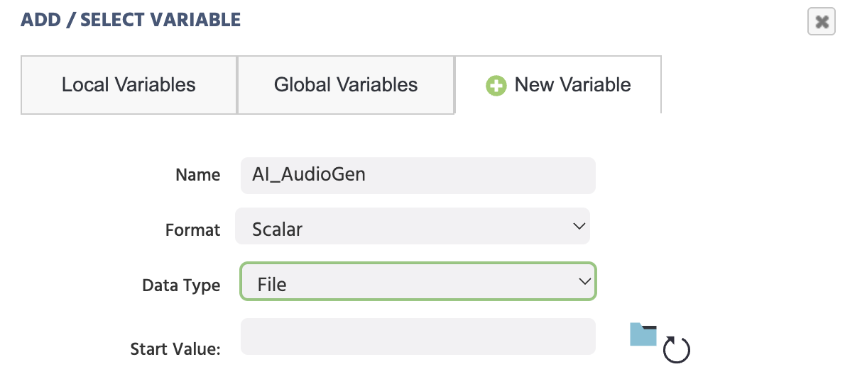 Un ejemplo de crear un archivo para almacenar audio generado por IA en Labvanced.