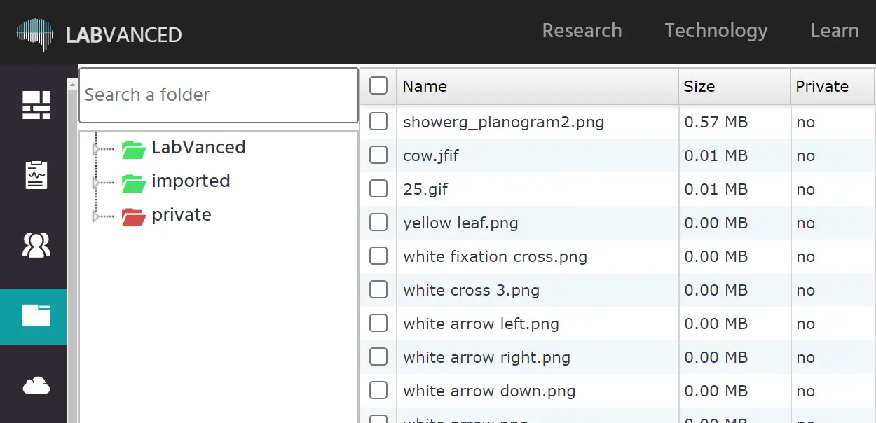 Overview of the 'Files' page in Labvanced