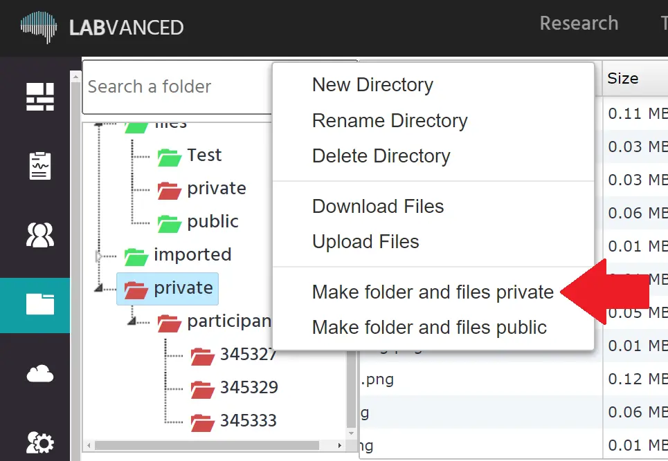 Highlighting a selection from the menu to make folders public
