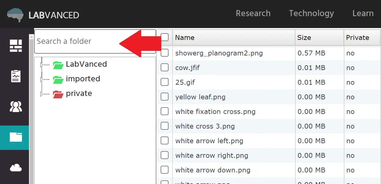 The search bar to locate a folder