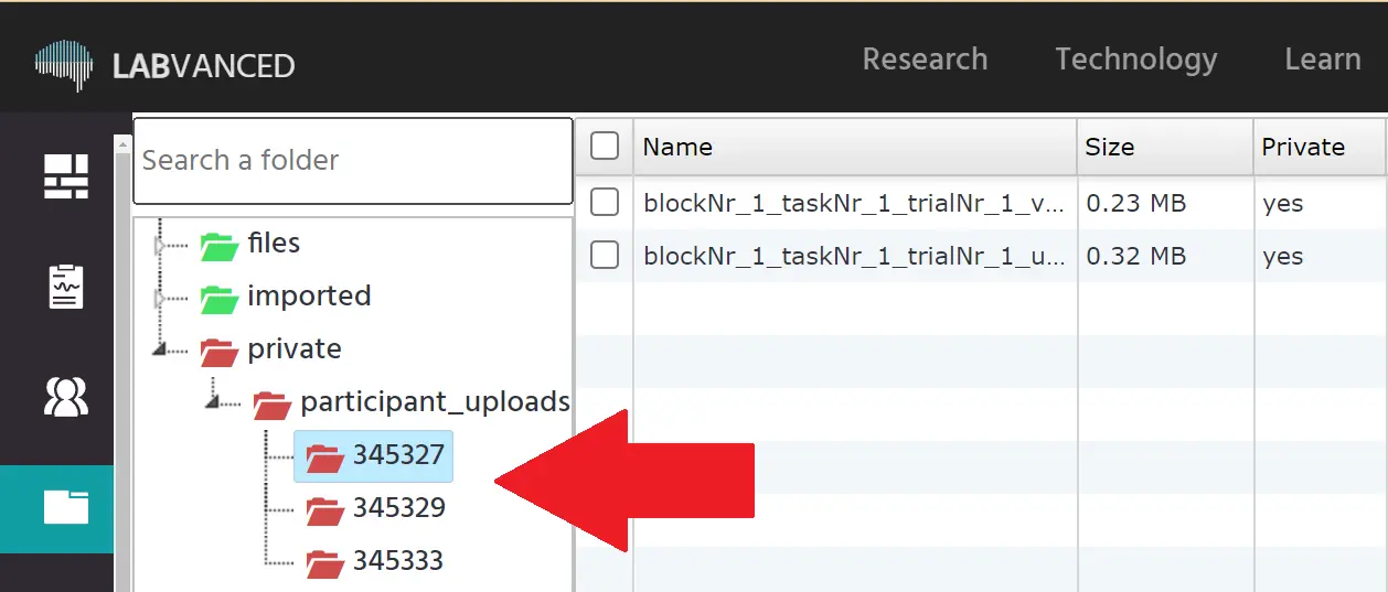 Example of a private folders with recorded experimental data