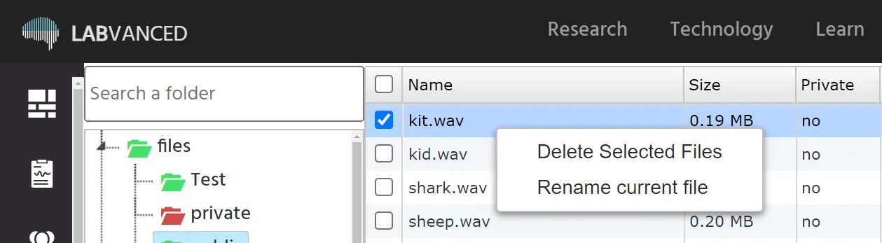 Example right clicking in order to delete or rename files within a folder