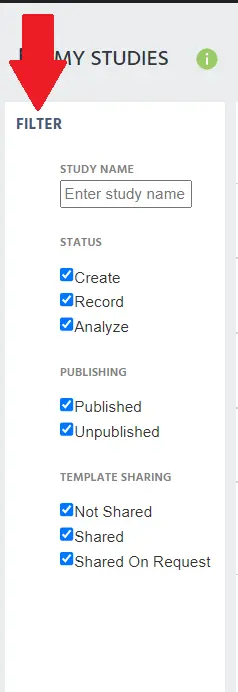 Options de filtrage sur la page 'Mes Études'