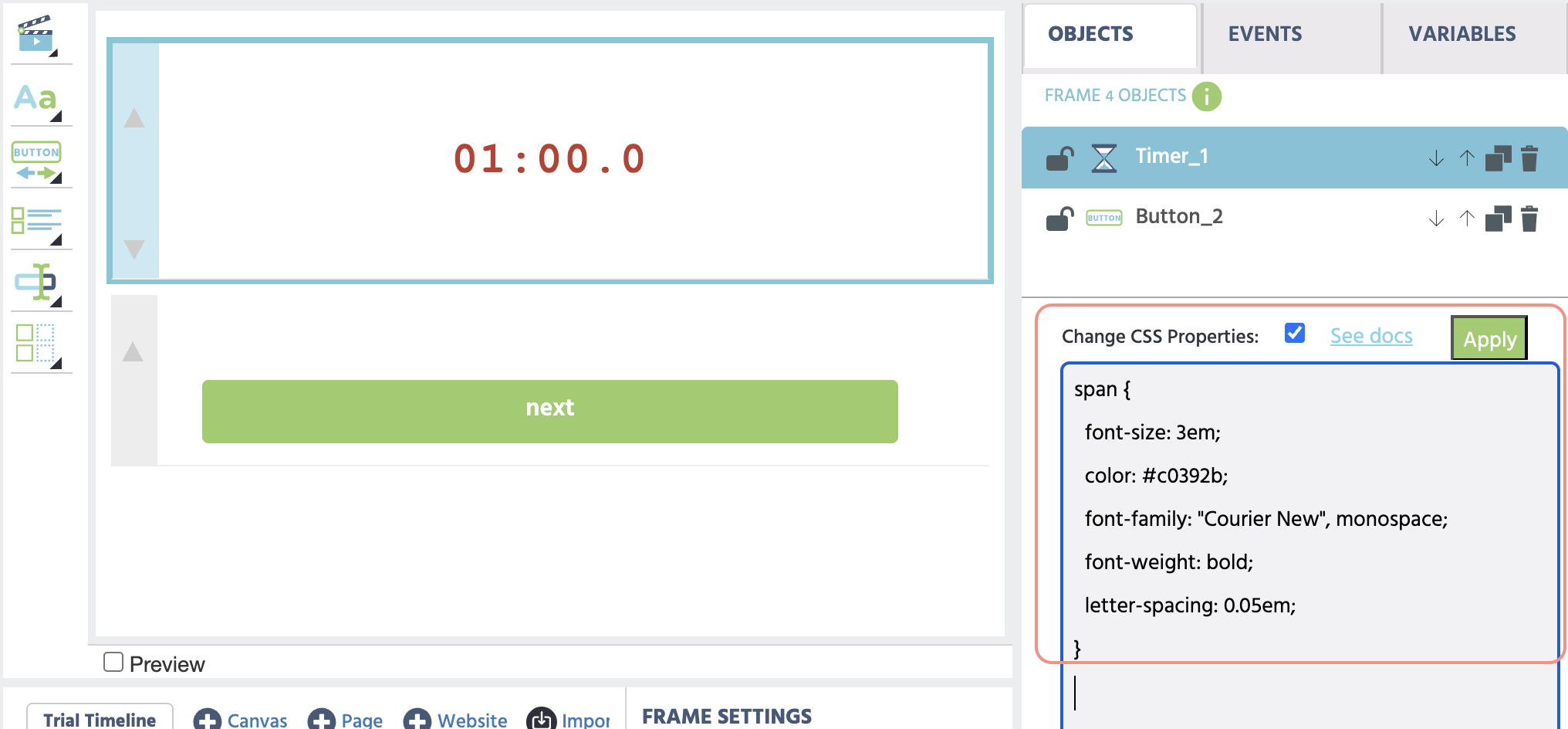 Objet Timer avec CSS personnalisé appliqué montrant une police et un conteneur stylés