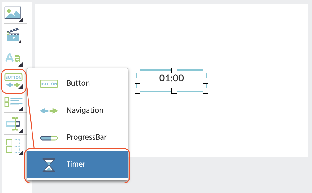 Barre d'outils de l'éditeur de tâches Labvanced avec l'Objet Timer mis en évidence dans le groupe Boutons & Navigation