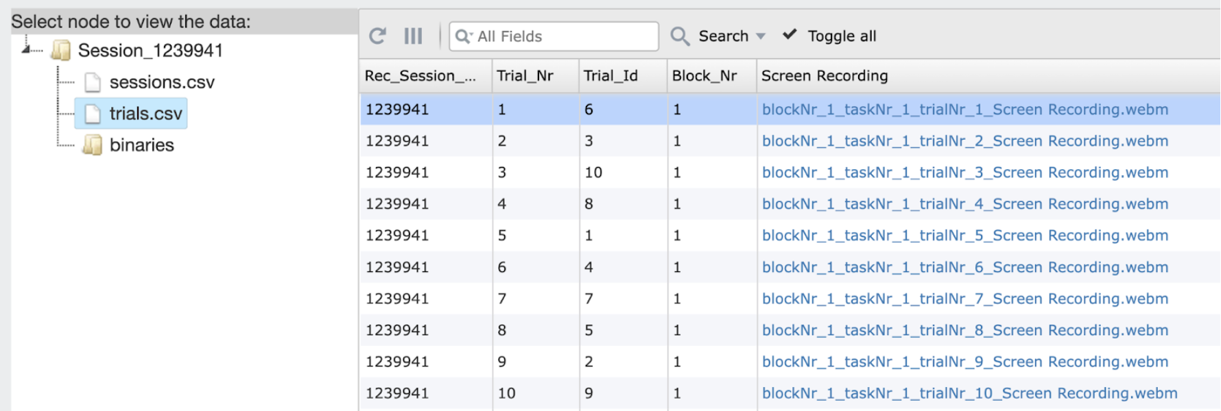 Vista previa de los datos grabados durante un experimento en Labvanced utilizando el objeto de grabación de video