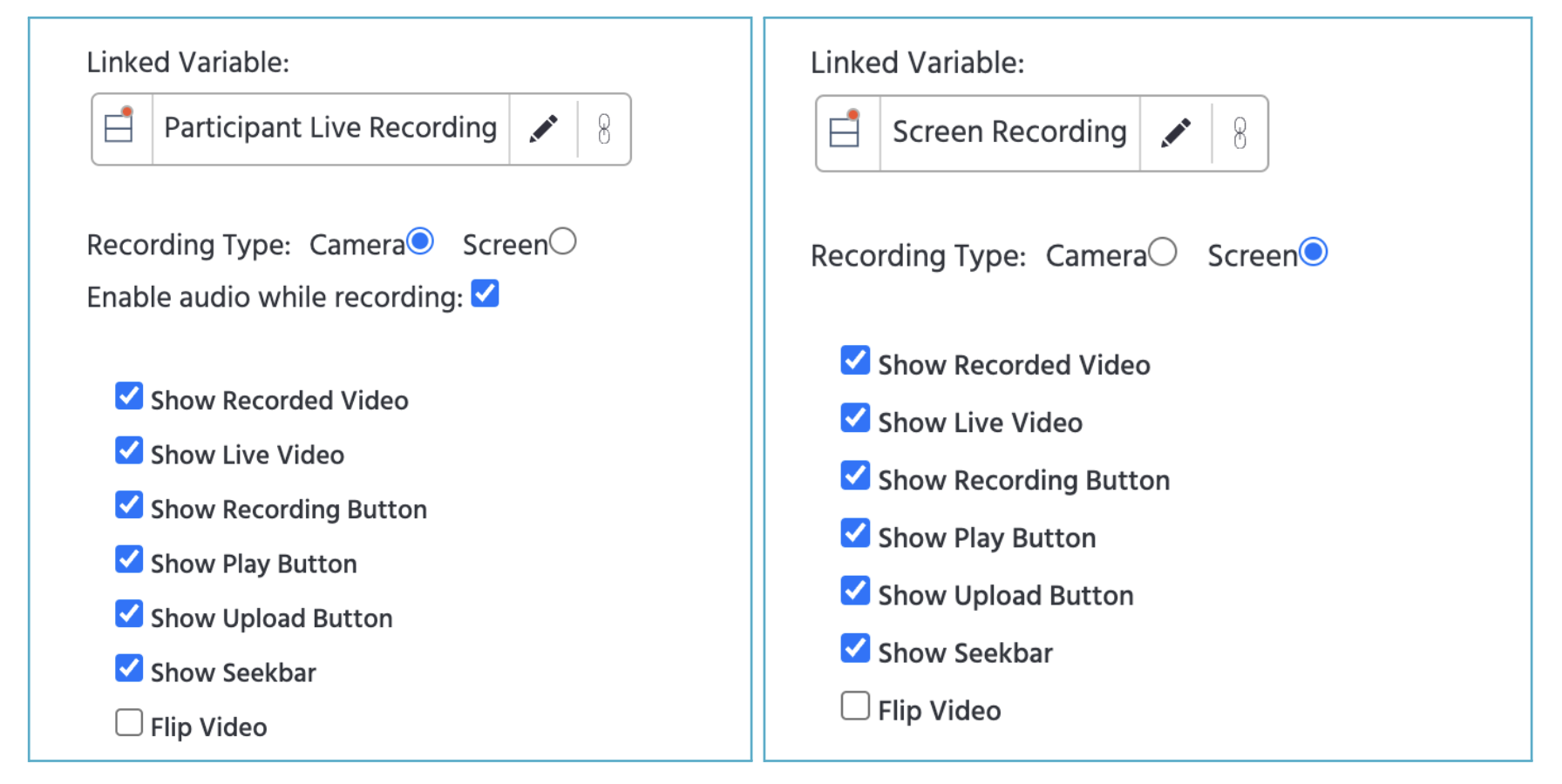 Opciones disponibles para grabaciones de video y pantalla.