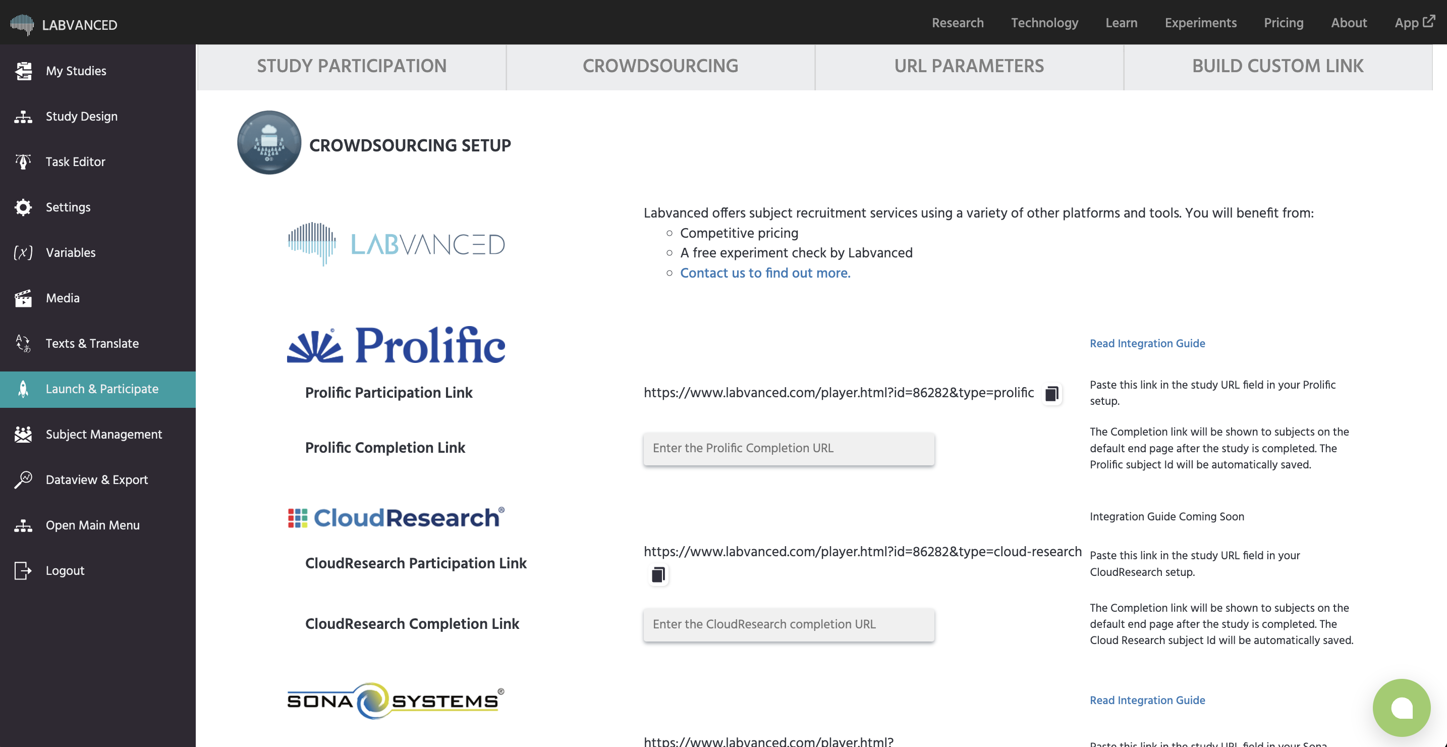 The Launch & Participate tab in Labvanced, showing the Crowdsourcing tab with platform integration cards for Prolific, CloudResearch, and Sona Systems