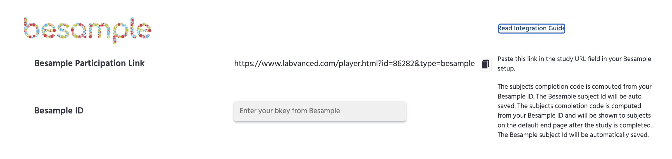 The Besample section on the Launch & Participate tab, showing the Besample Participation Link and Besample ID fields