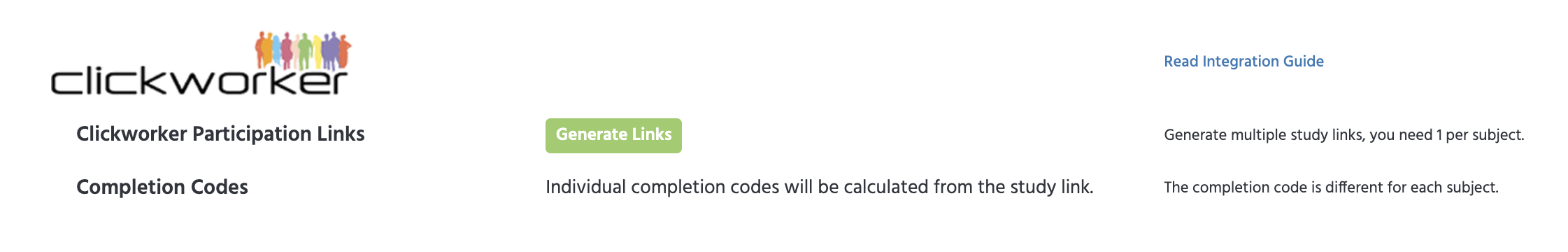 The Clickworker section on the Launch & Participate tab, showing the Generate Links button and Completion Codes description