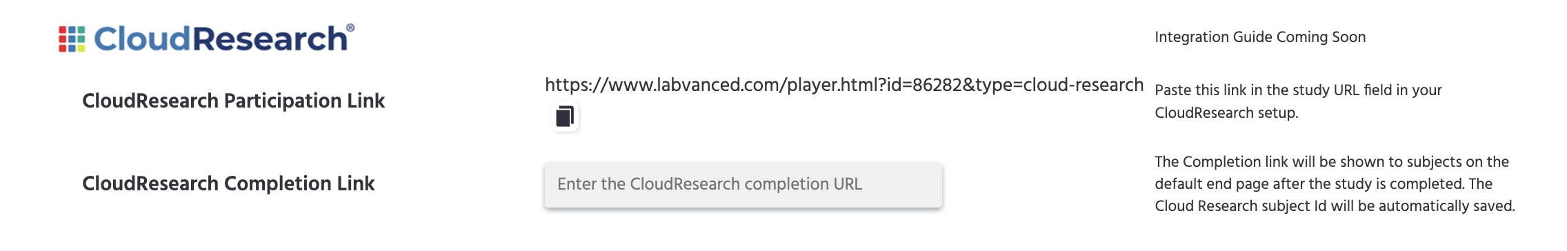 The CloudResearch section on the Launch & Participate tab, showing the CloudResearch Participation Link and CloudResearch Completion Link fields