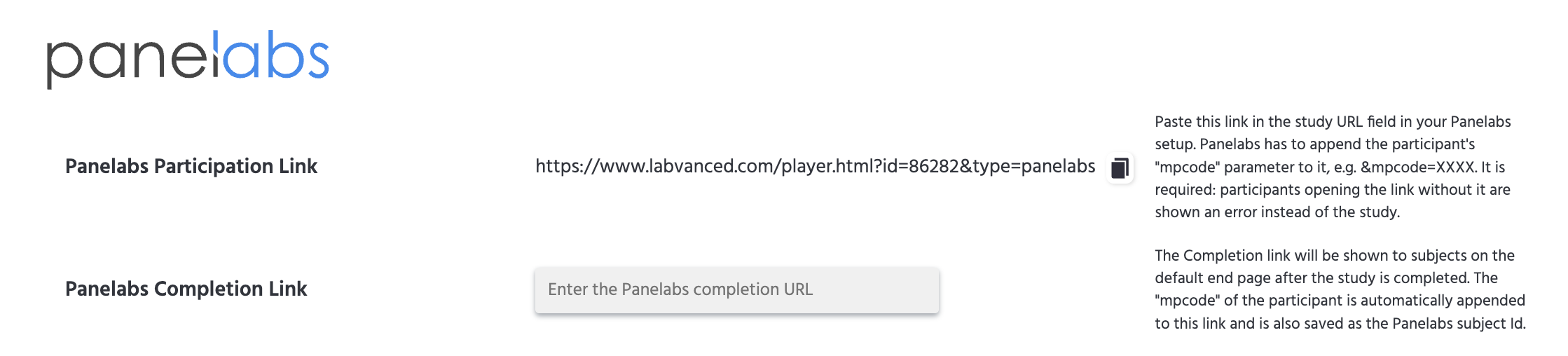 The Panelabs section on the Launch & Participate tab, showing the Panelabs Participation Link and Panelabs Completion Link fields