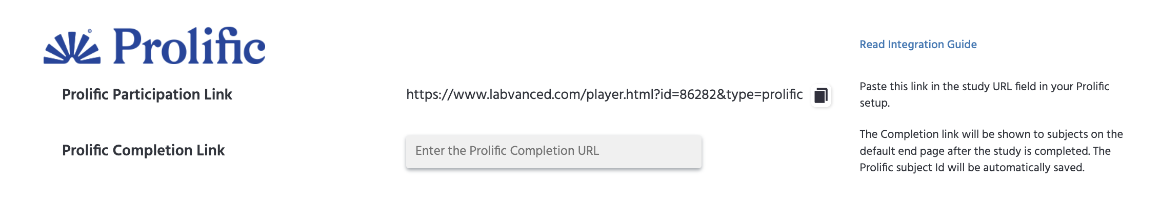 The Prolific section on the Launch & Participate tab, showing the Prolific Participation Link and Prolific Completion Link fields