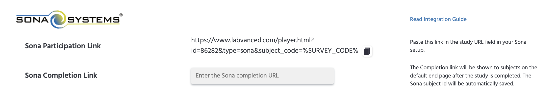 The Sona Systems section on the Launch & Participate tab, showing the Sona Participation Link and Sona Completion Link fields