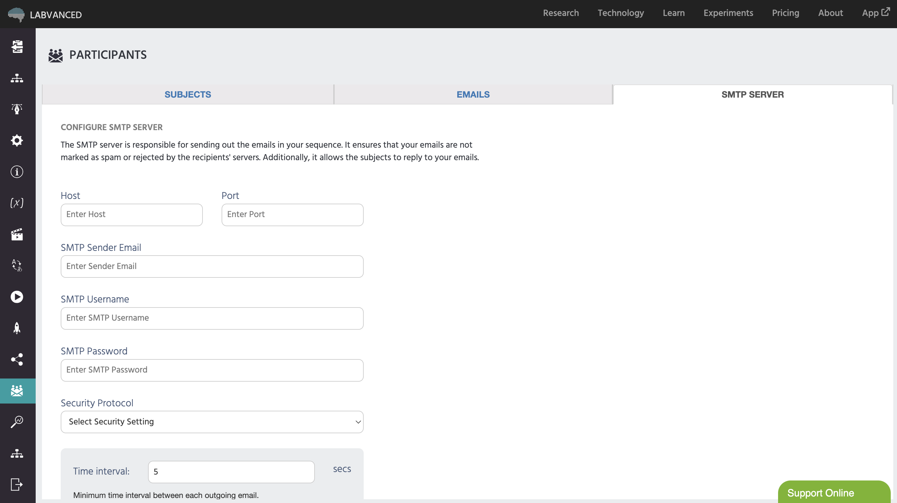 Le panneau du Serveur SMTP est l'endroit où vous configurez une connexion afin que vos sujets dans vos expériences puissent recevoir des e-mails de votre part.