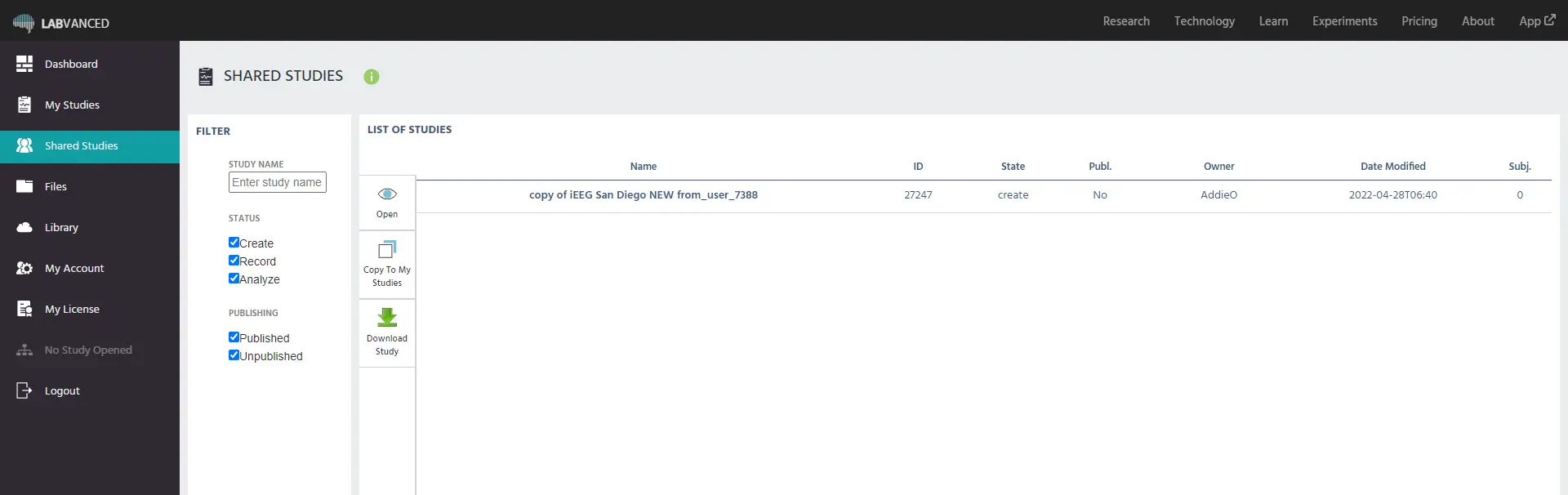 View of the Shared Studies Tab in Labvanced, an overview of the shared online psychology experiments