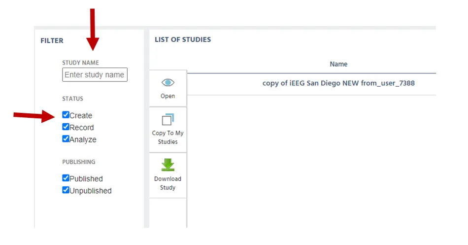 Focus on the side menu for filtering shared studies