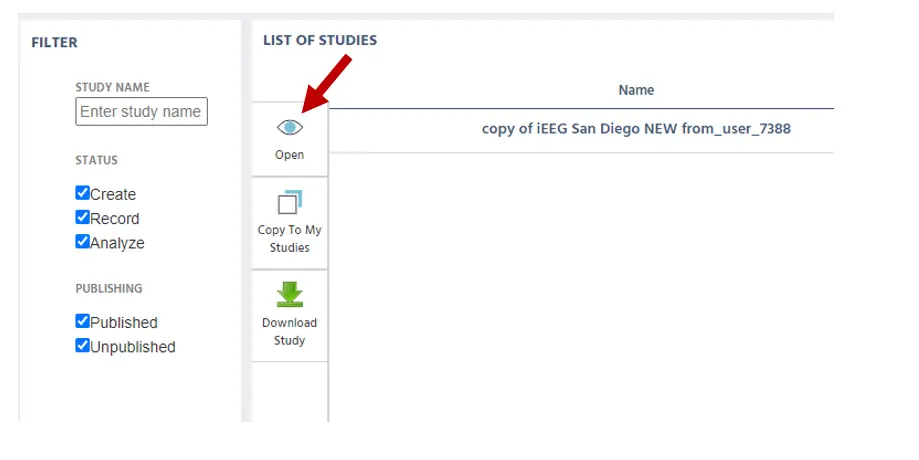 Focus on the side menu for actions that can be done with shared studies