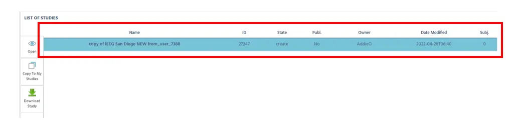 Focus on the descriptive columns of the Shared Studies tab which shows relevant parameters with regards to the shared online studies