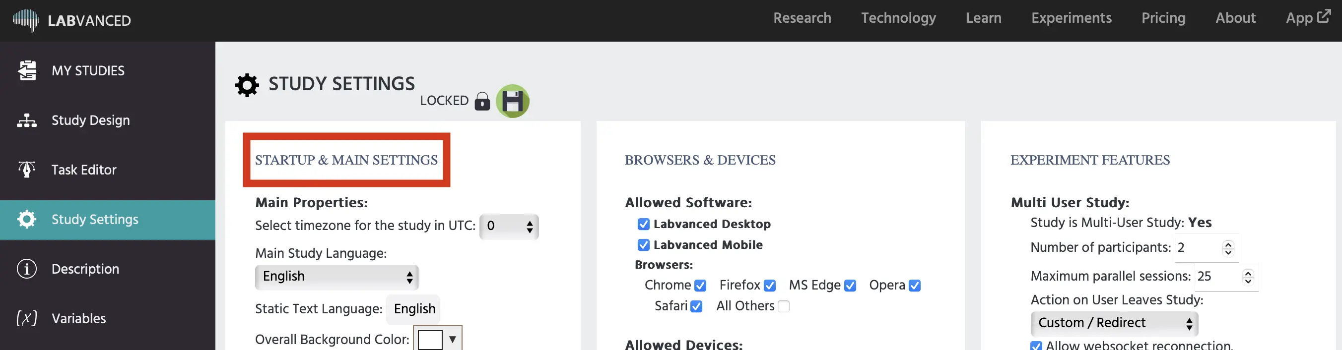 The settings panel for the startups and main settings panel in Labvanced