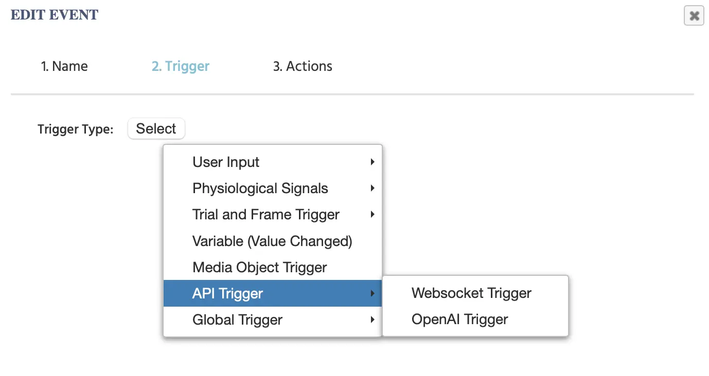 Das API-Trigger-Menü in Labvanced.
