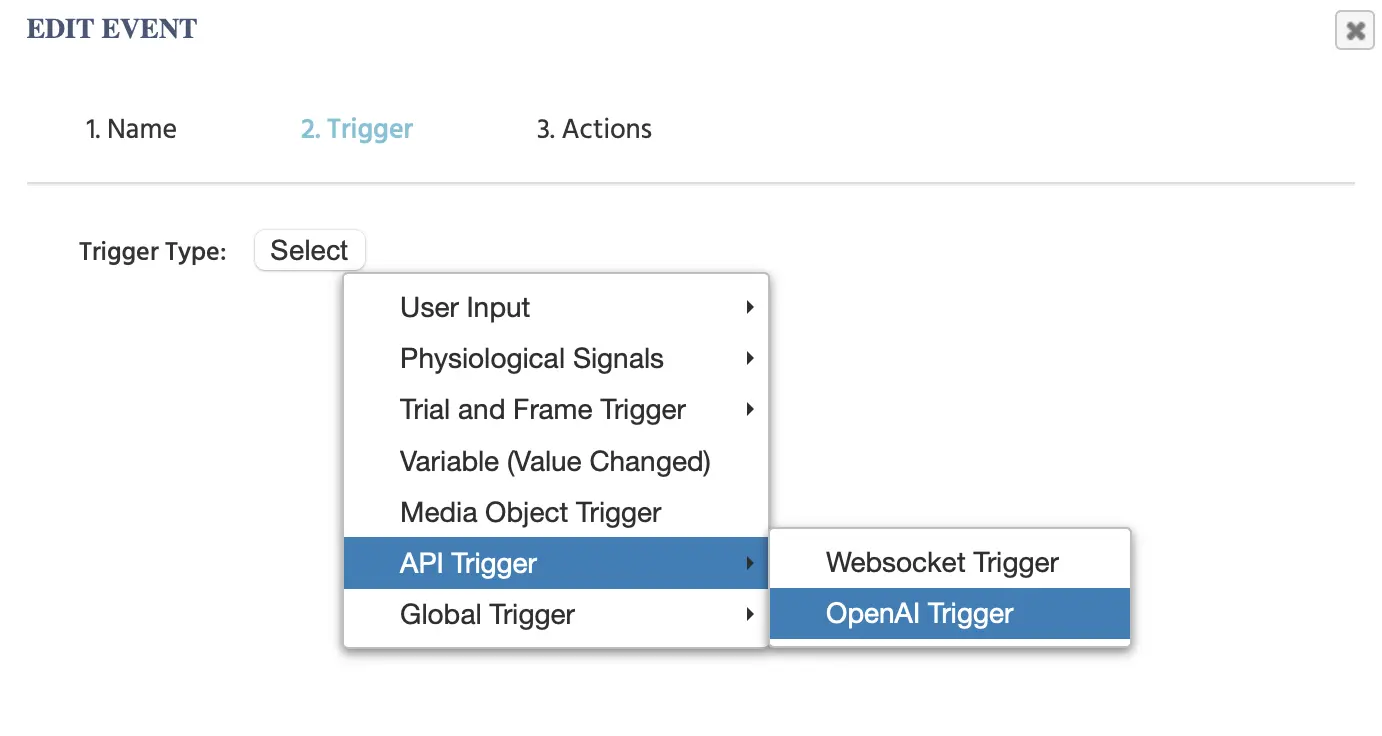 Das OpenAI-Trigger-Menü in Labvanced.