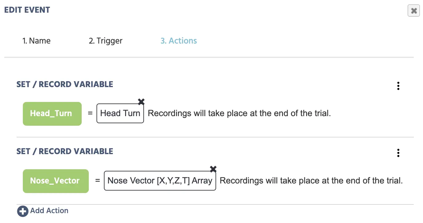 Overview of the event created for measuring head tracking movements in Labvanced