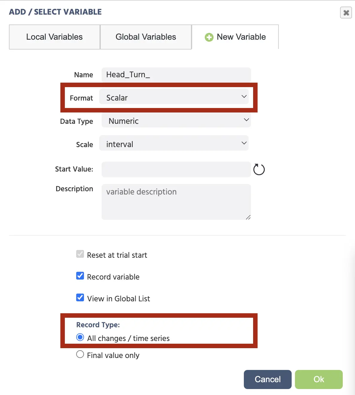 Cuadro de diálogo para crear una nueva variable para registrar movimientos de giro de cabeza
