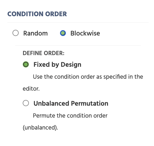 Condition Order blockwise option and section of the Randomizations tab under Task Settings in Labvanced.