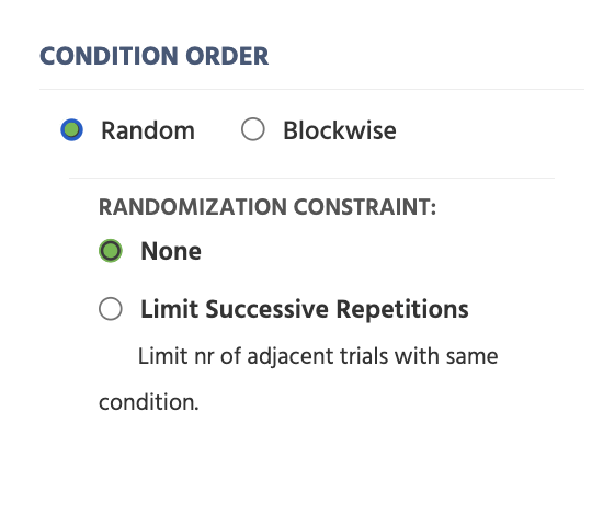 Condition Order section of the Randomizations tab under Task Settings in Labvanced.